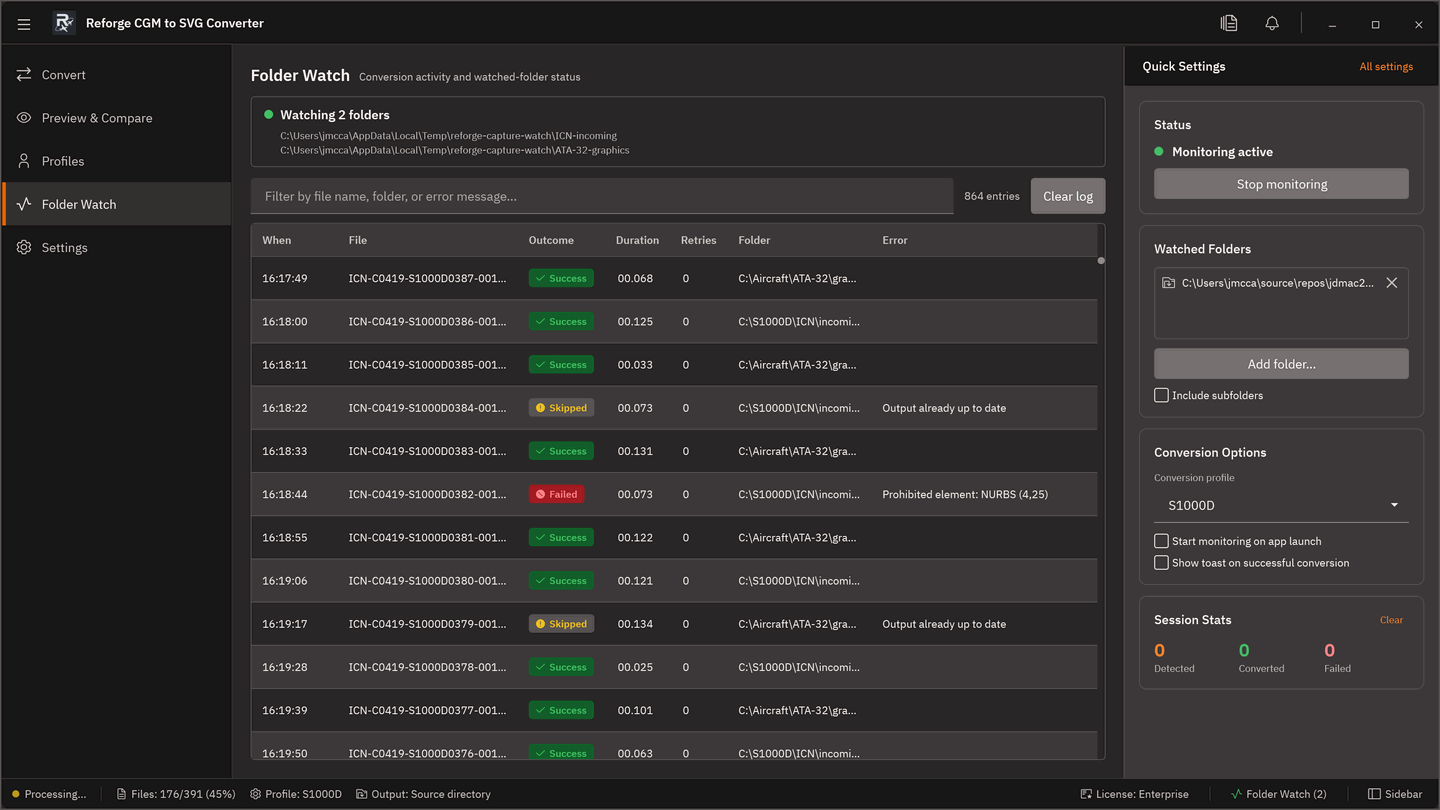 The Folder Watch tab showing watched-folder status and a recent-activity log