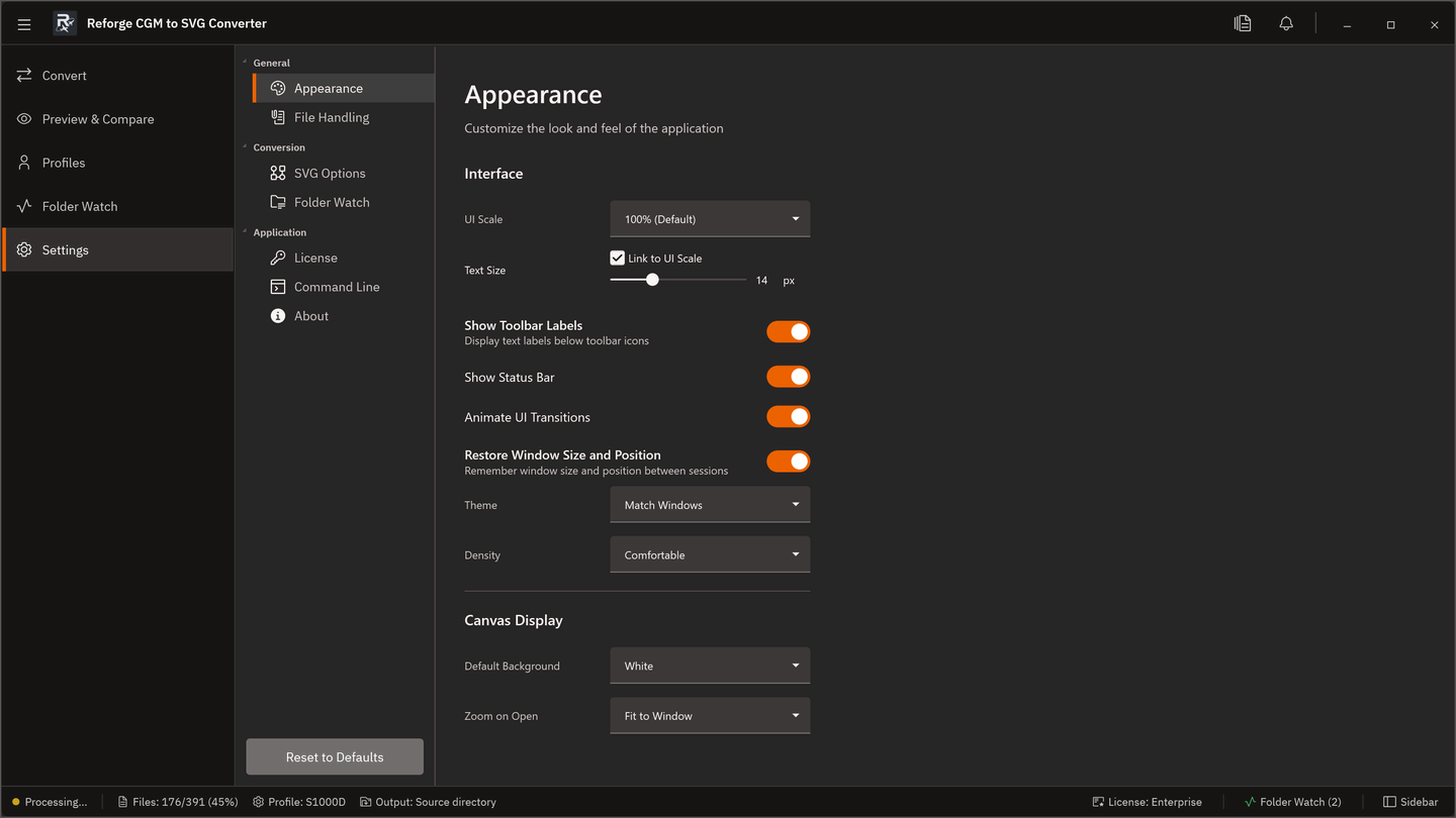 The Appearance settings page
